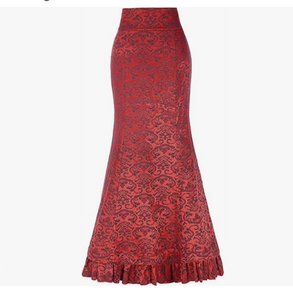 Red Vintage Ruffled Christmas Gotchic Victorian Long Fishtail Skirt Size 10 - Picture 2 of 13